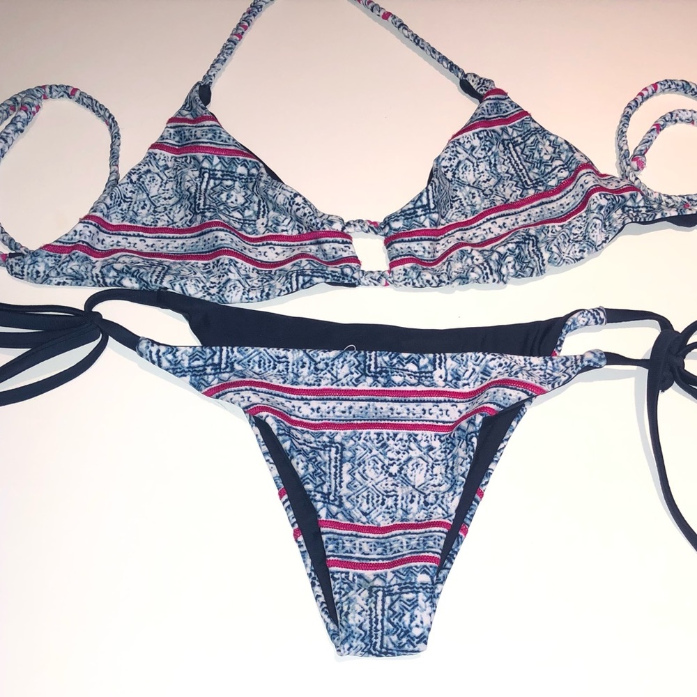 blue and red print frankies bikini set